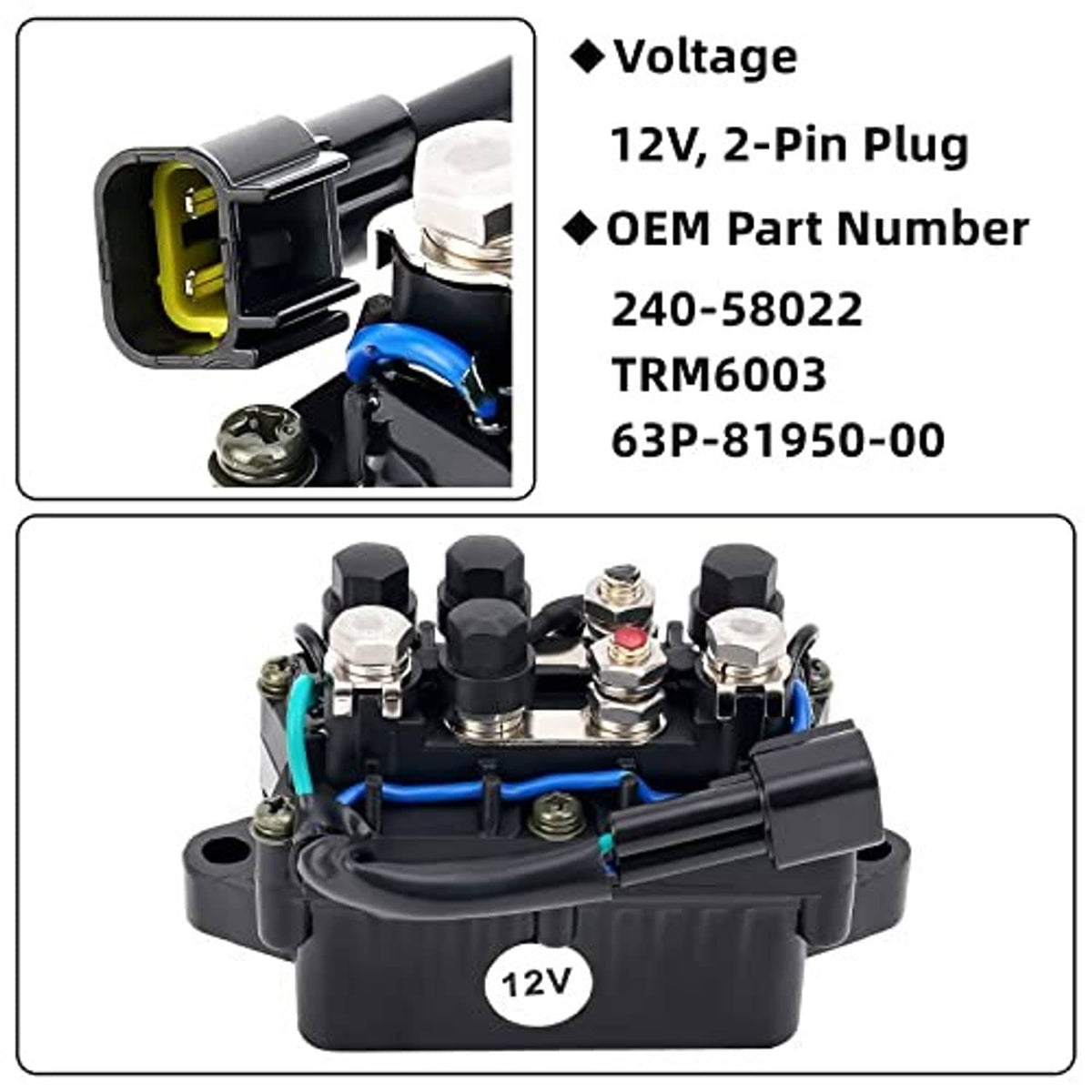 12V outboard relay assembly with 2-pin plug and label on black housing