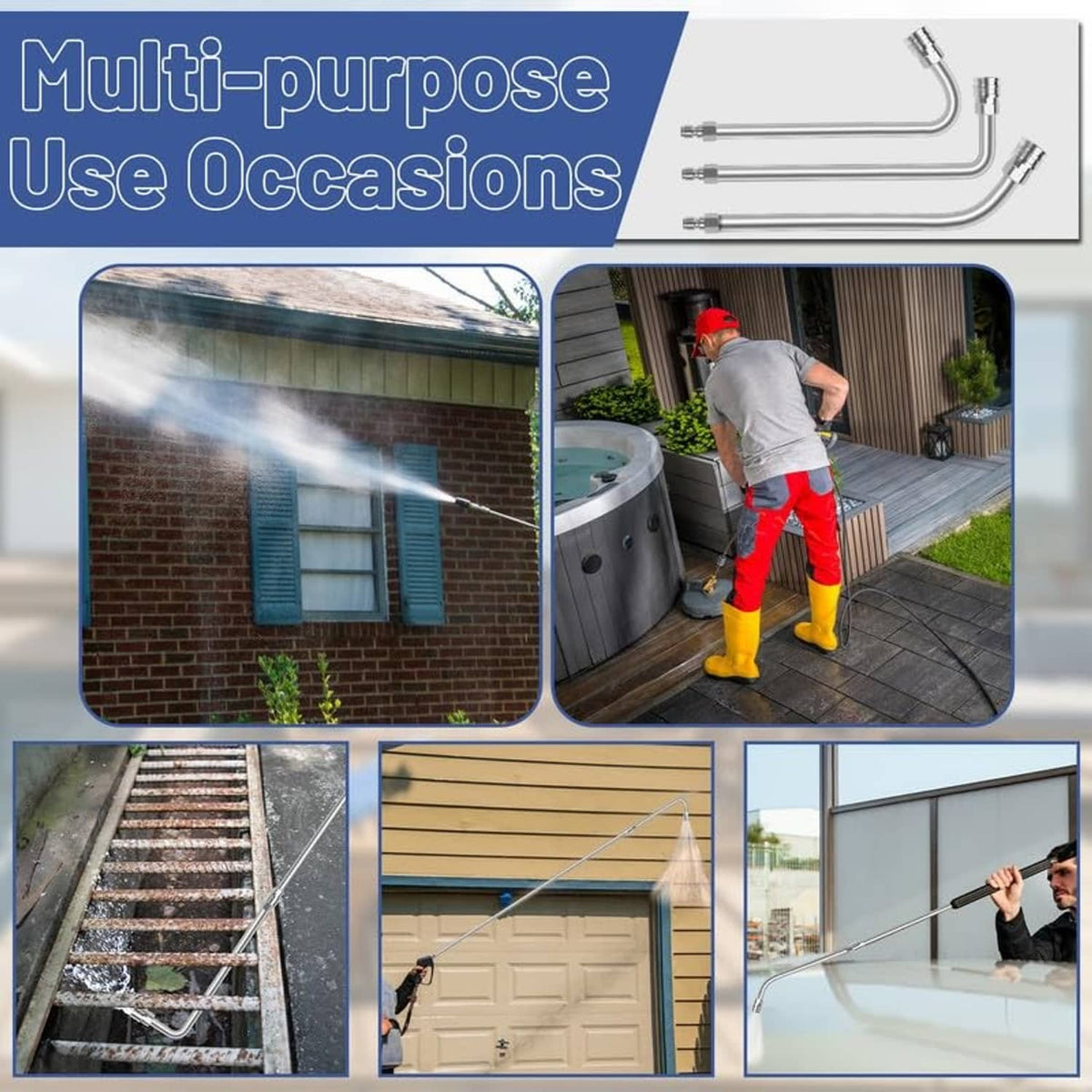 Stainless pressure washer extension wand spraying water for outdoor cleaning