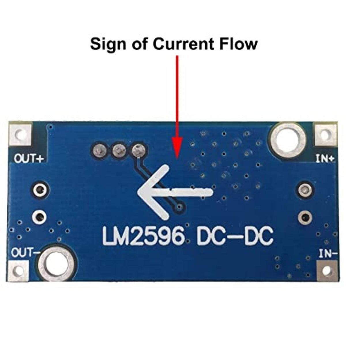 LM2596 DC-DC converter PCB with input/output pads and arrow-marked current flow
