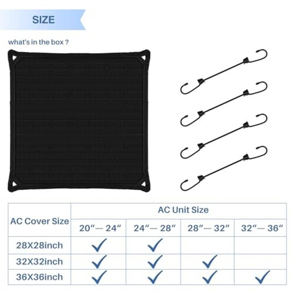 Black AC unit cover with reinforced corners and included hook straps for secure sizing
