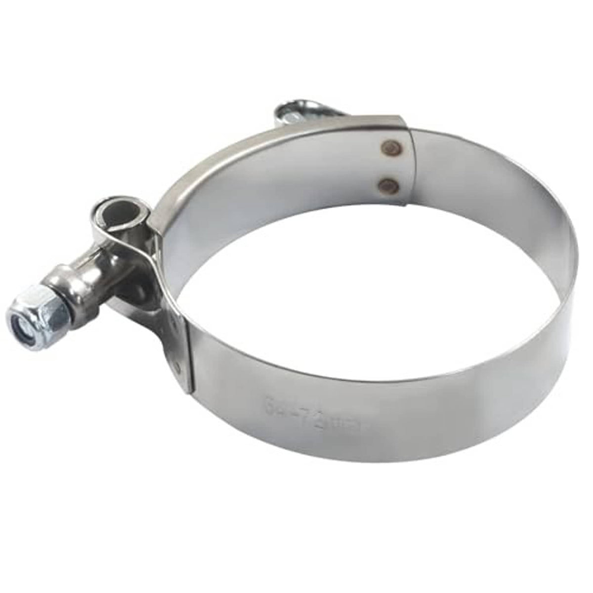 Stainless steel T-bolt hose clamp with bolt hardware and wide metal band