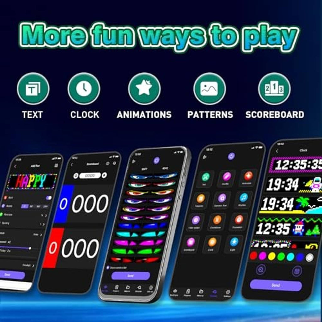 Smartphone app showing text, clock, animations, and patterns for LED devil eyes lights
