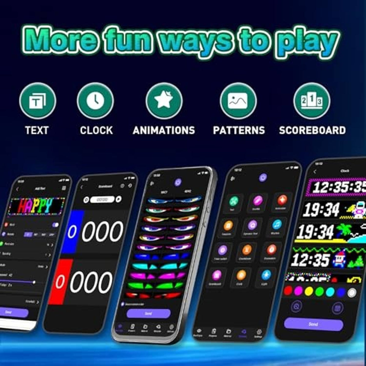 Smartphone app showing text, clock, animations, and patterns for LED devil eyes lights