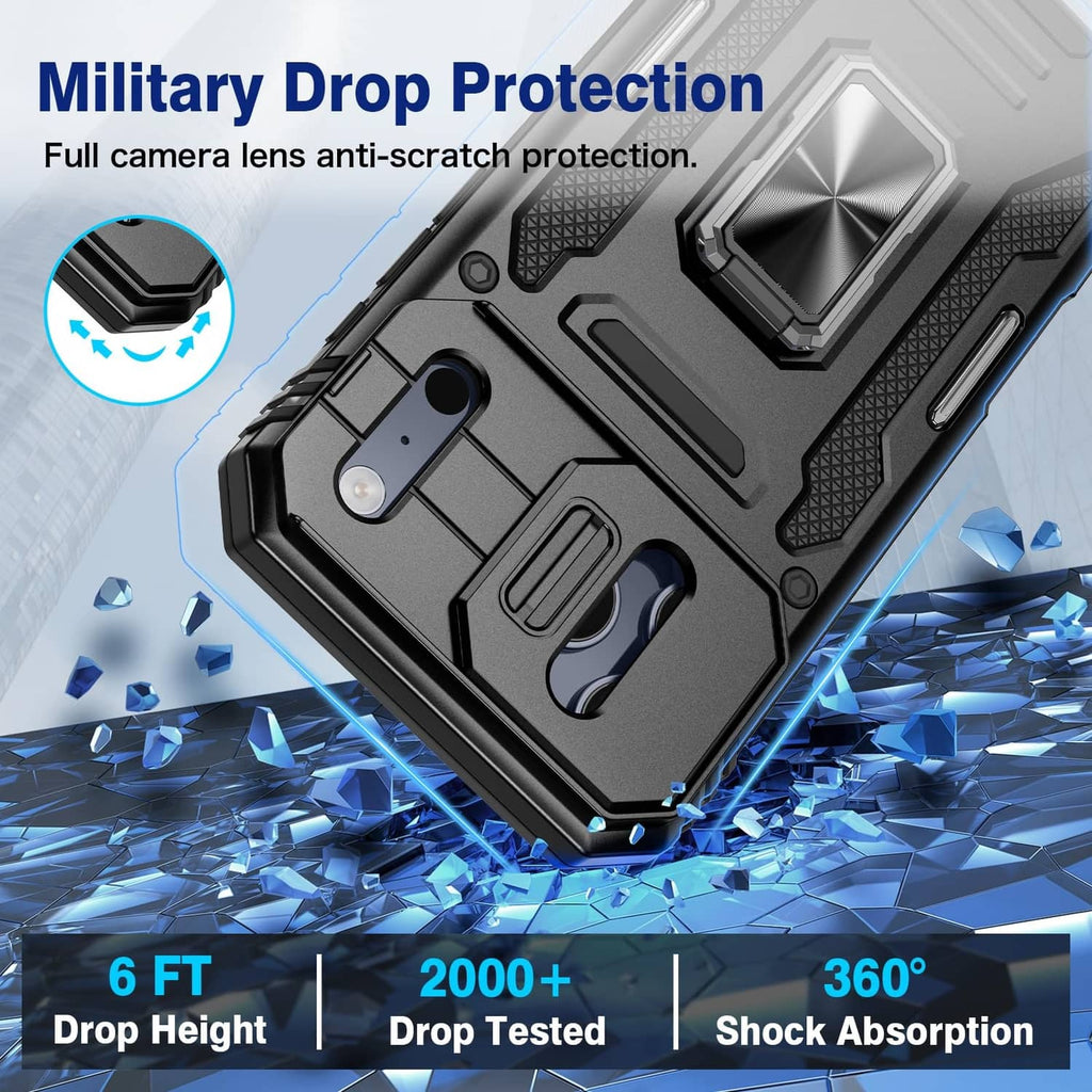 Black rugged phone case with raised camera protection and textured grip edges