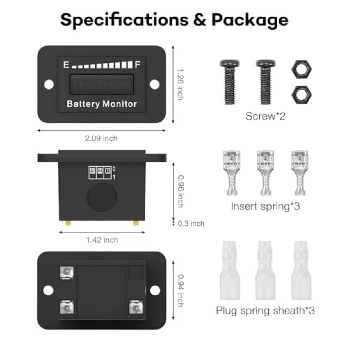 Battery monitor gauge with size measurements and included mounting screws and plugs