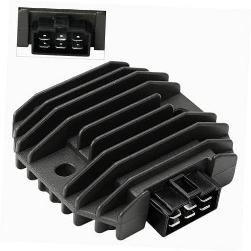 Black voltage regulator rectifier with finned heatsink and multi-pin plug