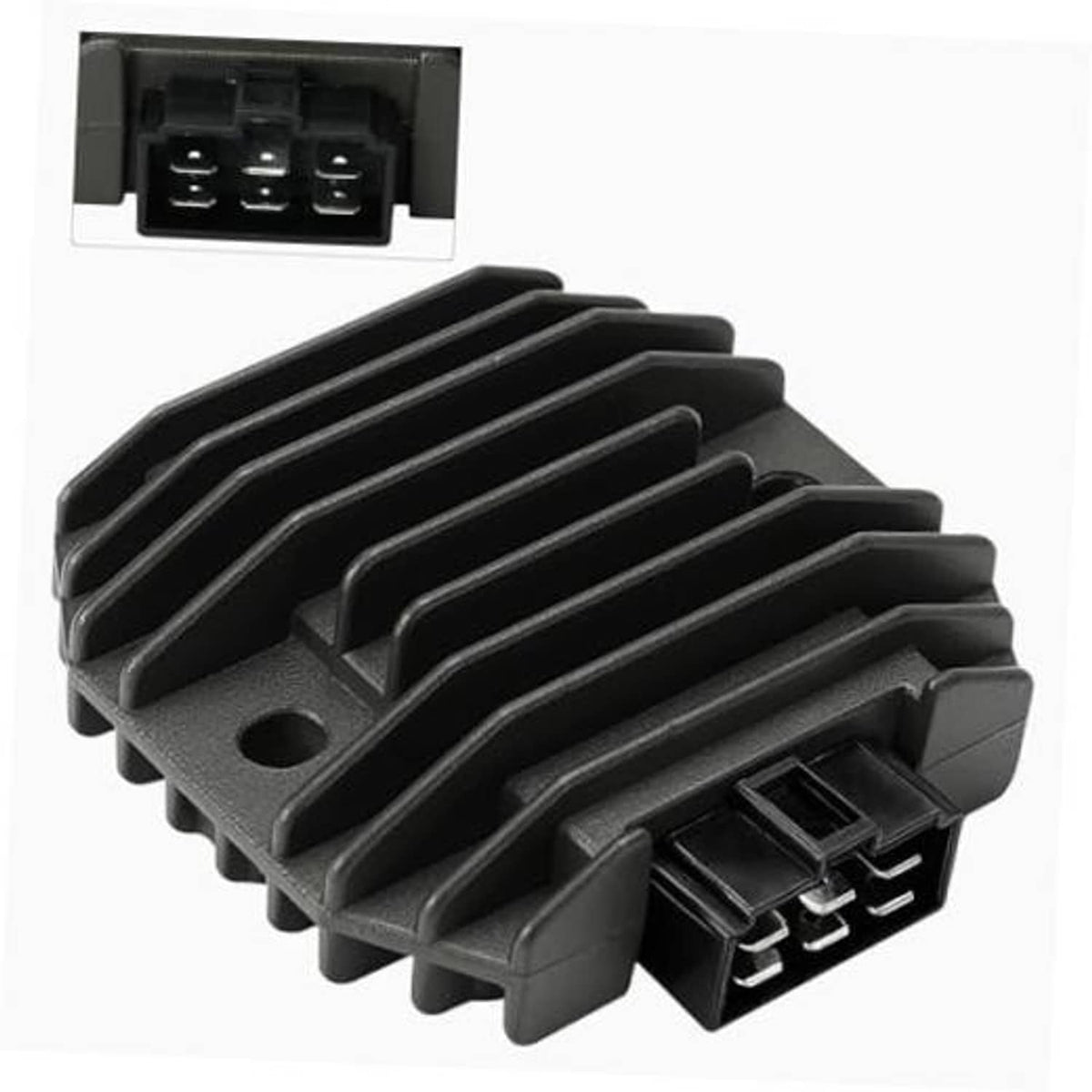 Black voltage regulator rectifier with finned heatsink and multi-pin plug