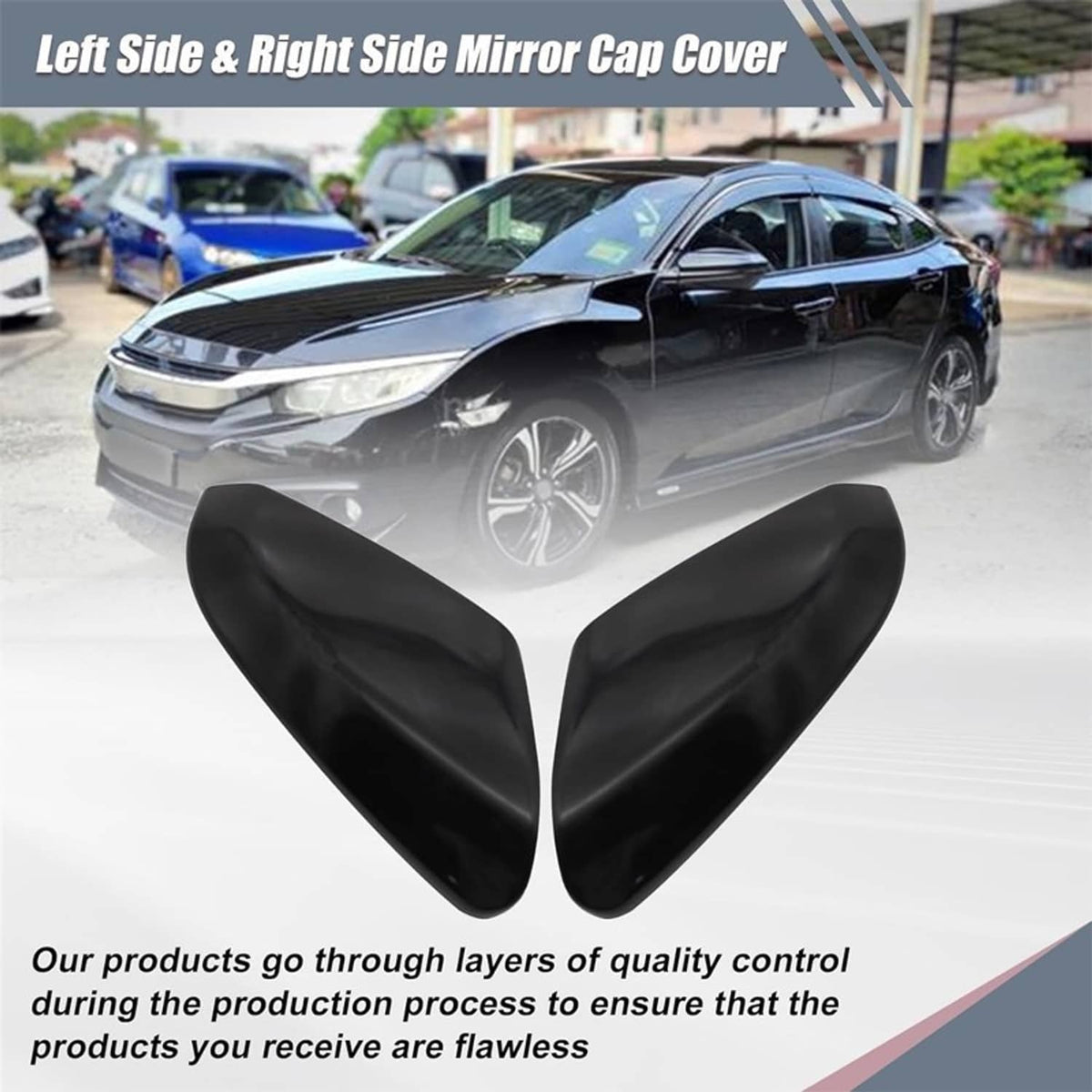 Gloss black left and right side mirror cap covers, shown on a car