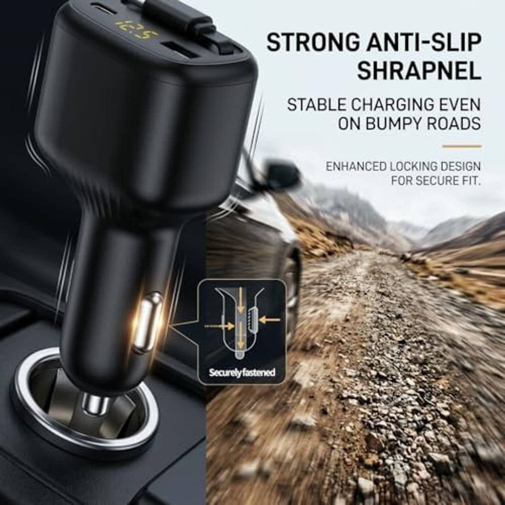 Black retractable car charger with anti-slip base and USB-C plug