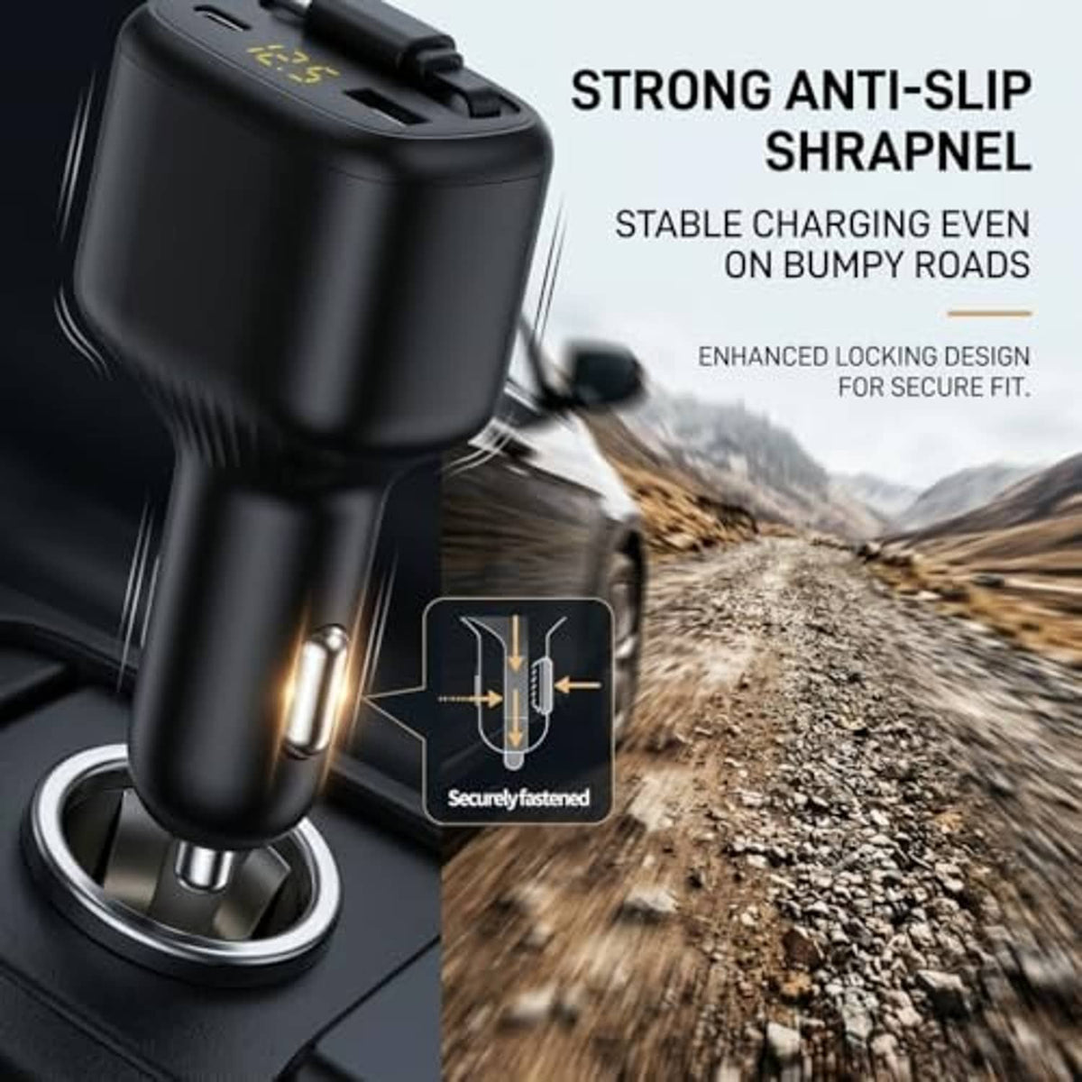 Black retractable car charger with anti-slip base and USB-C plug