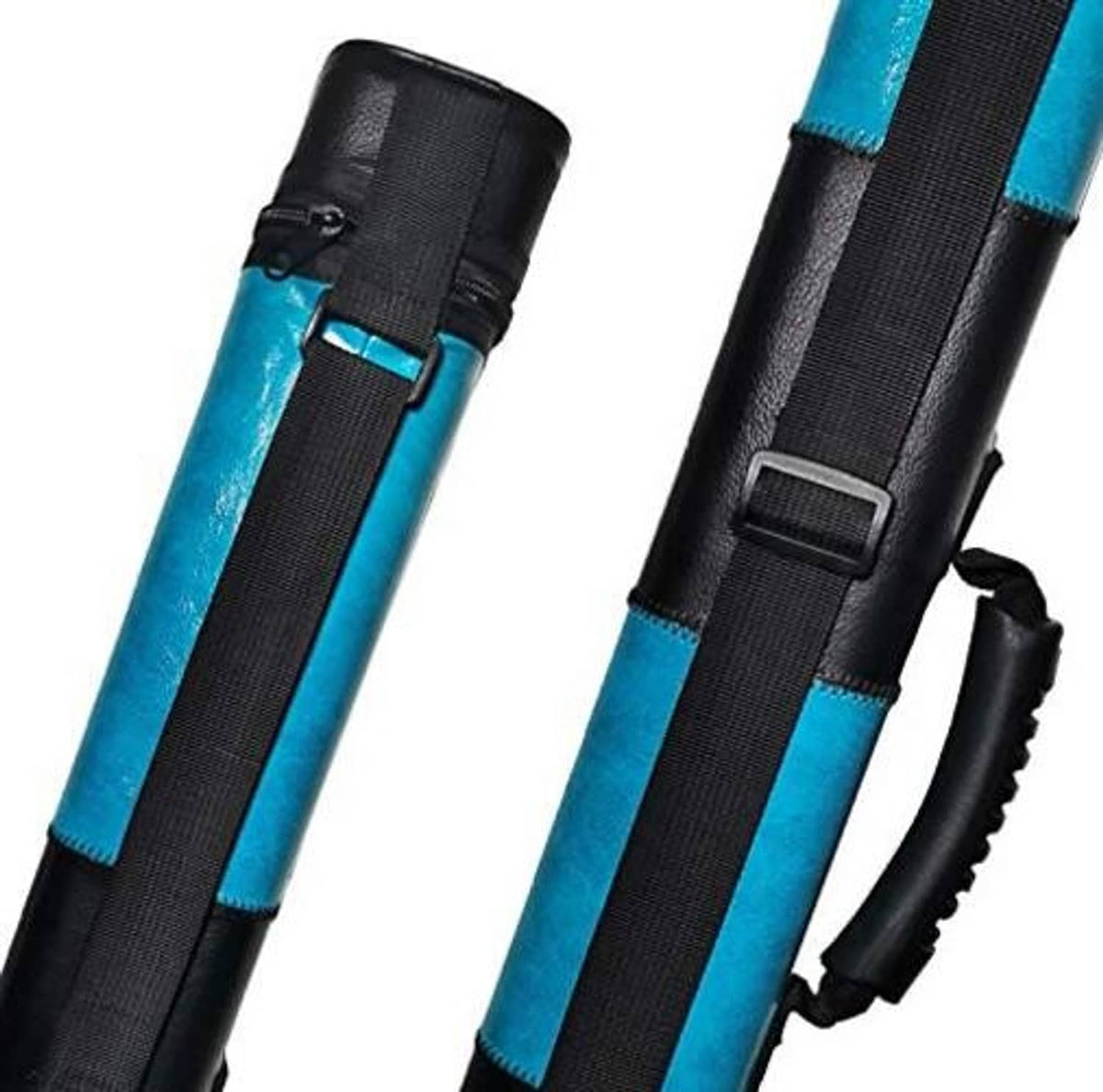 Close-up of turquoise cue case with black reinforced straps and webbing