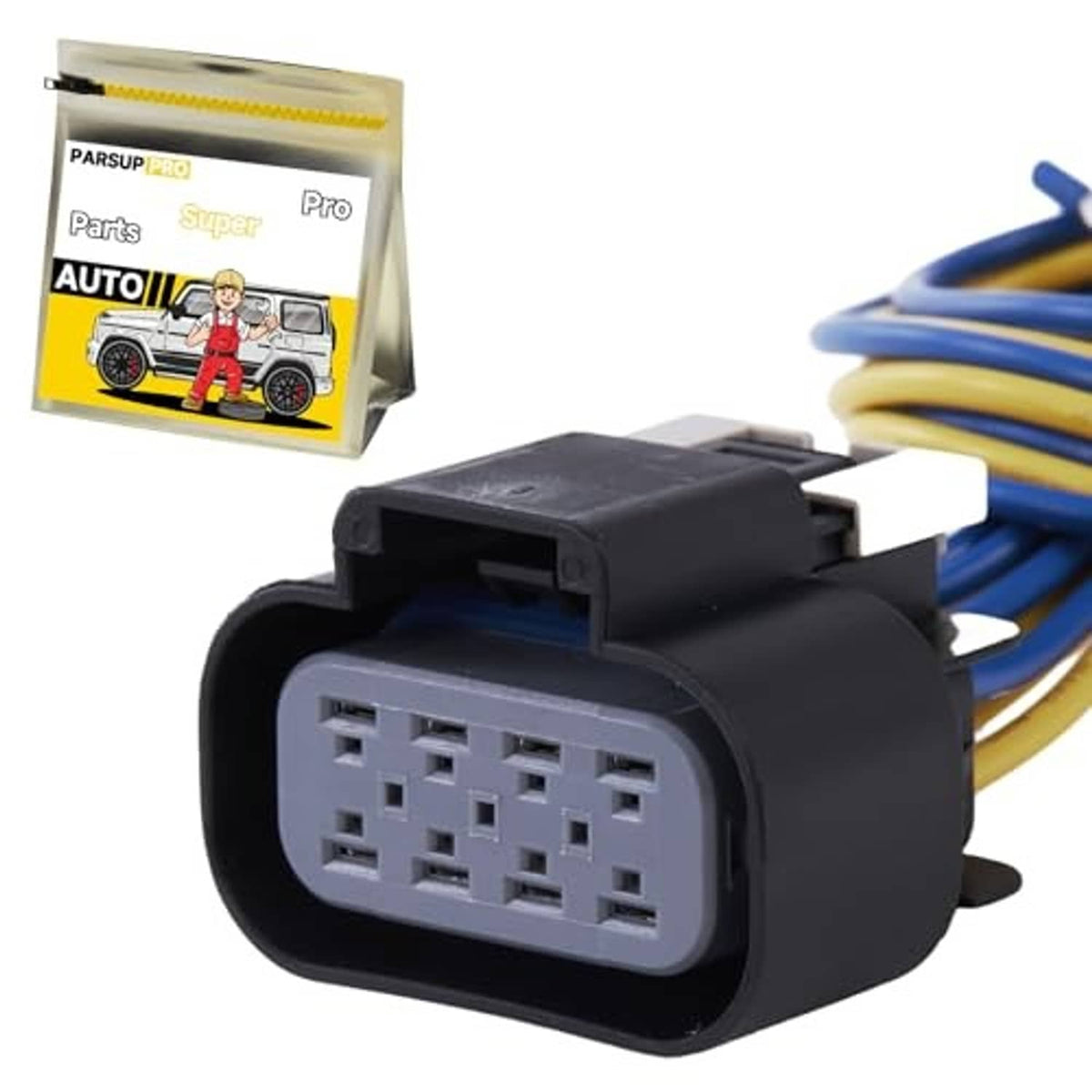 8-pin headlight connector plug with black housing and grey socket, blue and yellow wire harness