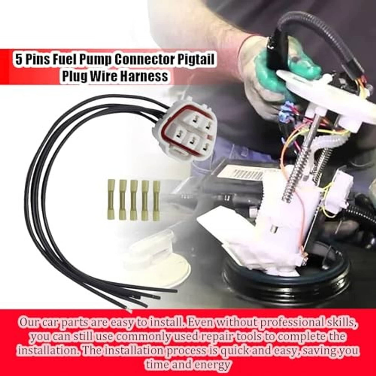 Fuel pump connector pigtail harness with white plug, black wires, and green terminal pins