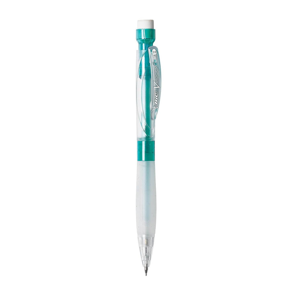 Velocity Max mechanical pencil, green body, clear barrel, pointed lead tip