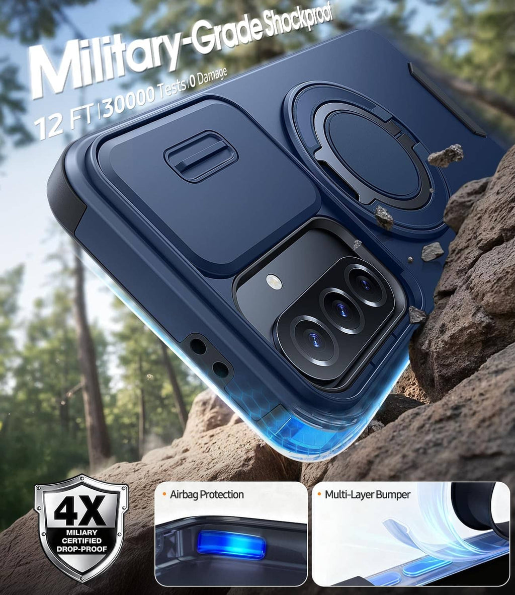 Blue rugged phone case with raised bumper and circular ring holder, military grade