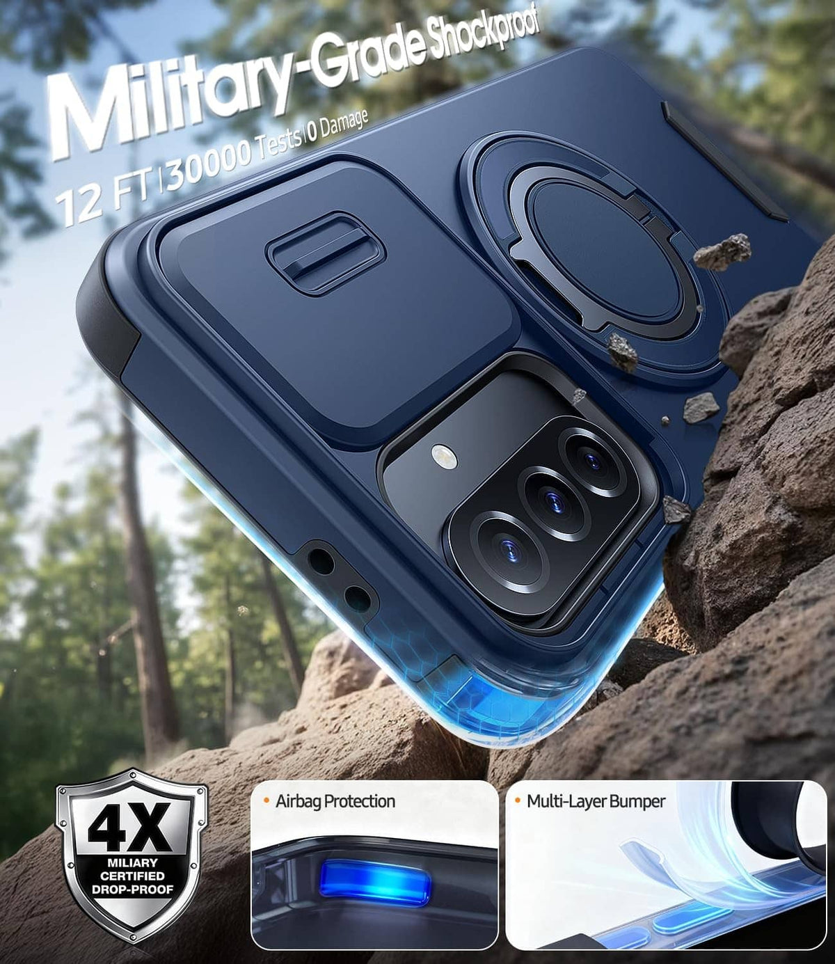 Blue rugged phone case with raised bumper and circular ring holder, military grade