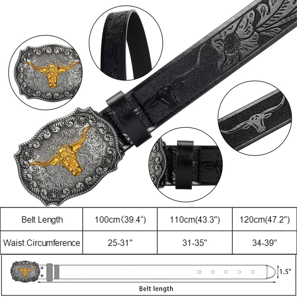 Western cowboy belt set: black strap with engraved pattern, silver buckle with gold bull, snaps