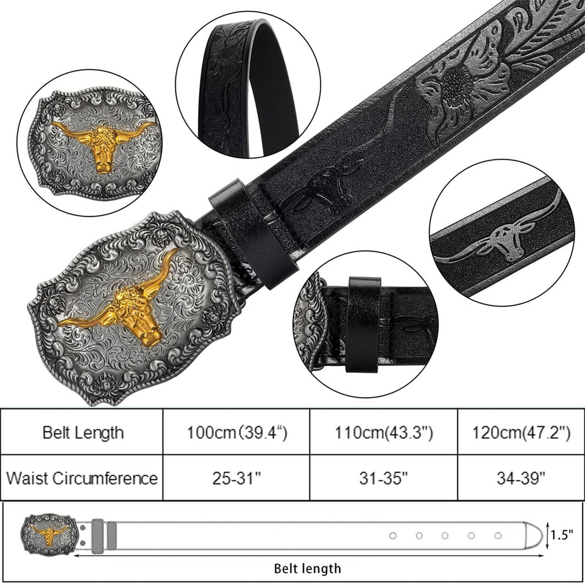 Western cowboy belt set: black strap with engraved pattern, silver buckle with gold bull, snaps