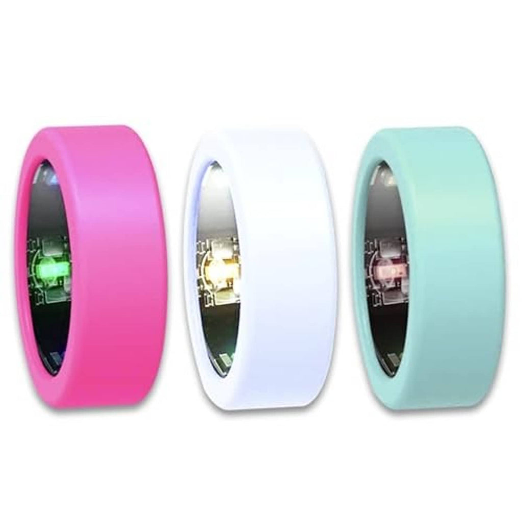 Three smart ring replacement covers in pink, white, and mint teal.
