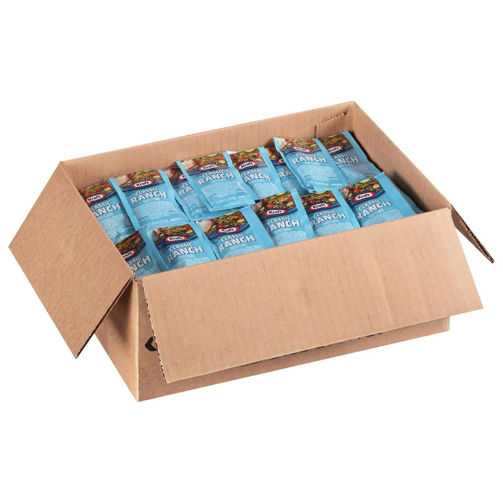 Open cardboard box filled with Classic Ranch single-serve dressing packets