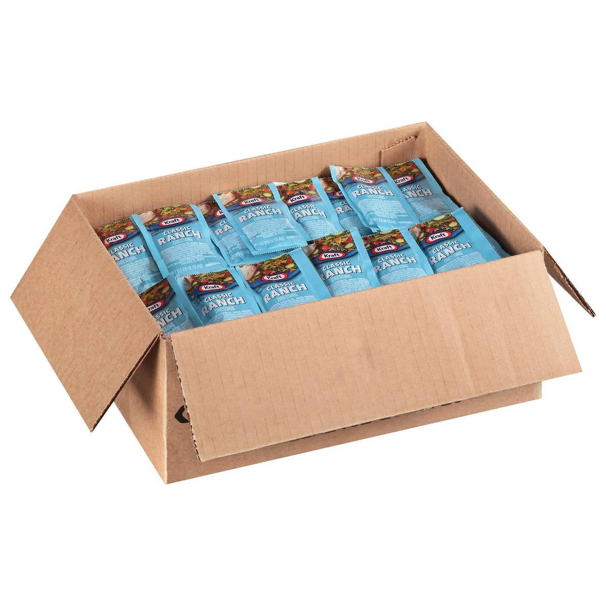 Open cardboard box filled with Classic Ranch single-serve dressing packets