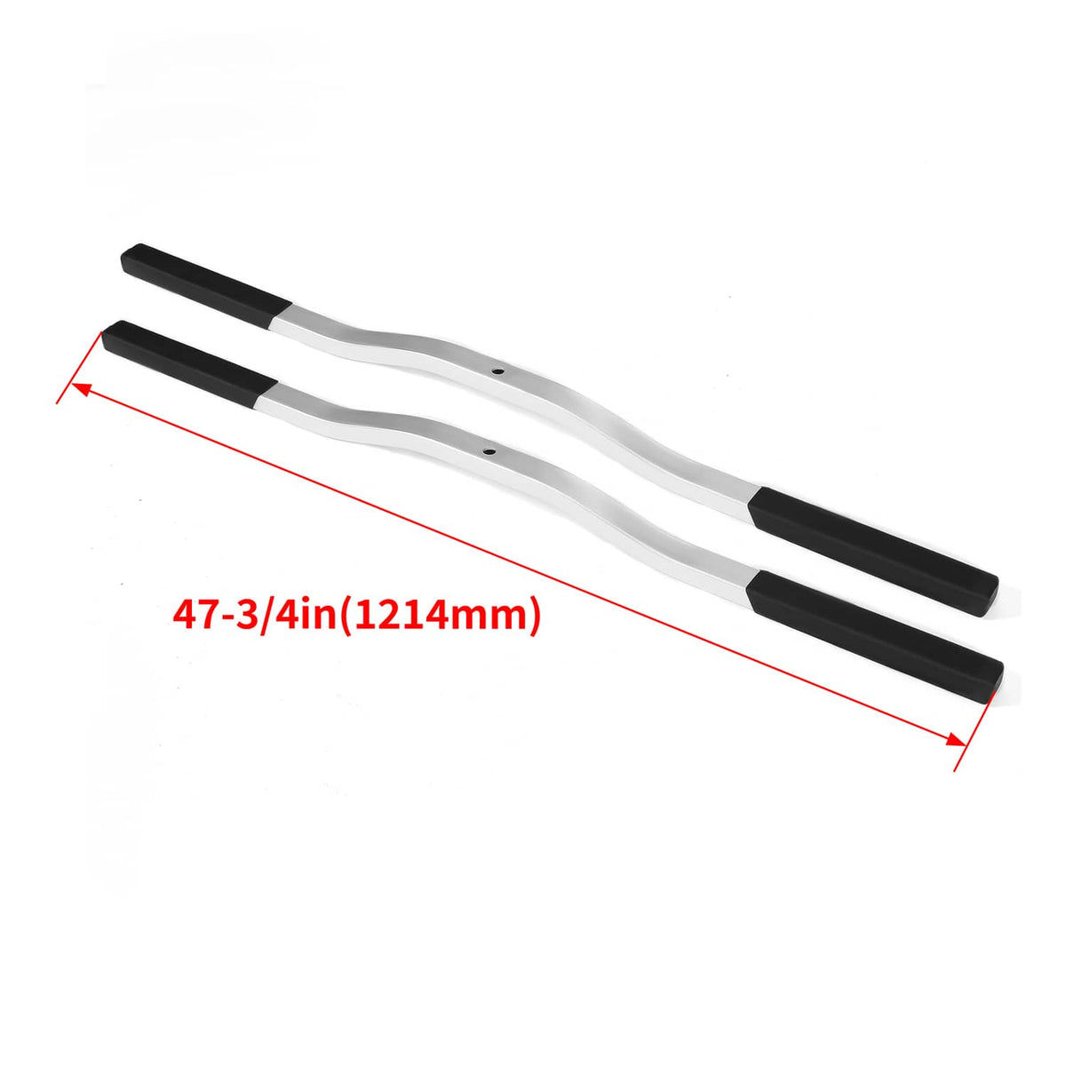 Ski tie-down bars with black end boots and silver metal, showing overall length