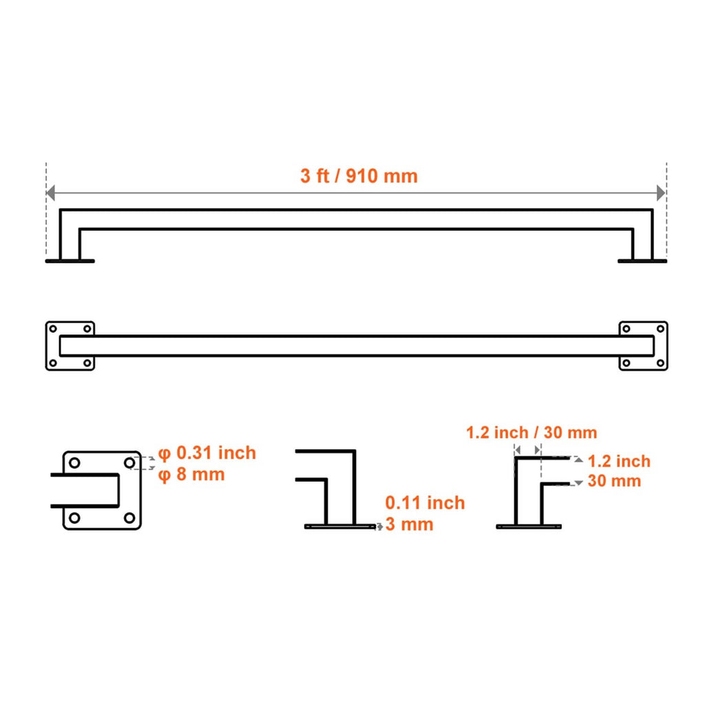 Side-view dimensions diagram for black 3 ft stair handrail with square tube profile