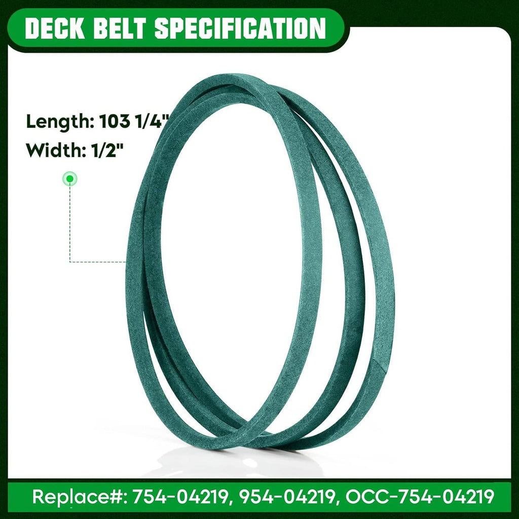 Deck belt, dark green looped belt with length and width labels