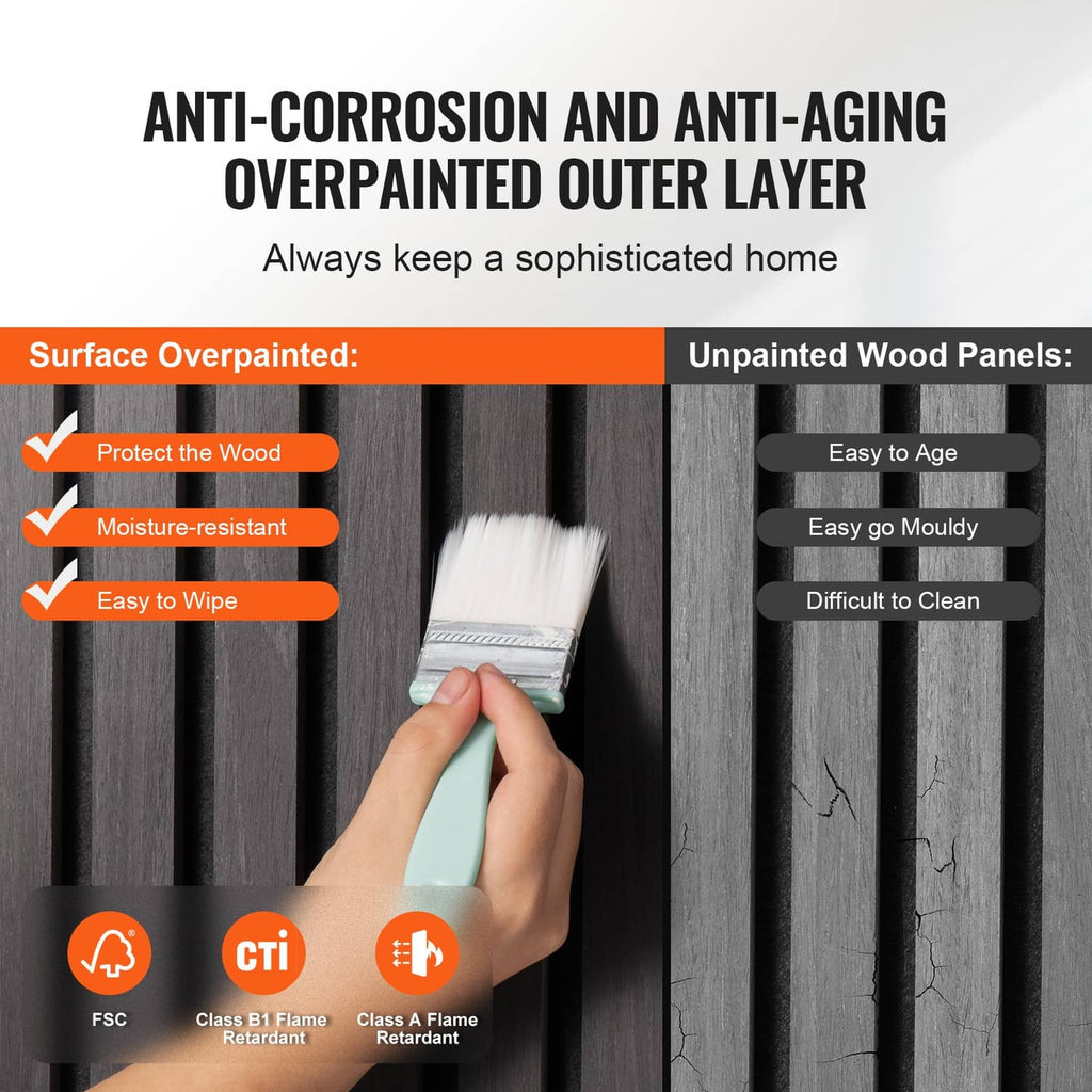 Black acoustic wood slat panel with overpainted outer layer and smooth surface
