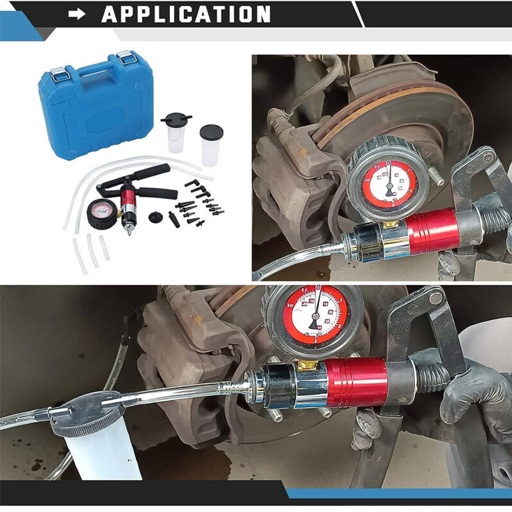 Vacuum bleeder tool connected to brake component with pressure gauge and hose