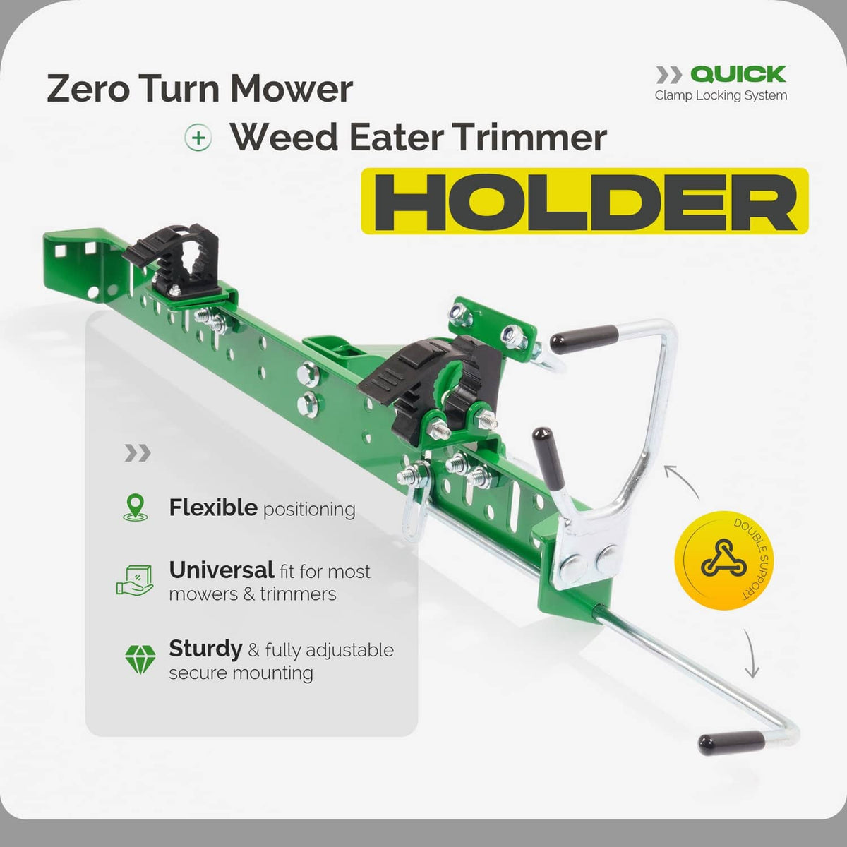 Green trimmer holder rack with adjustable mounting hardware and clamp system