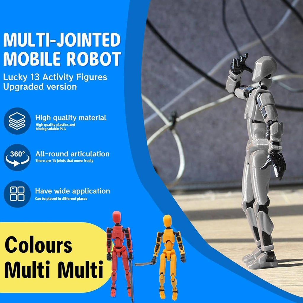 Grey and black articulated robot action figure, standing pose with raised arm