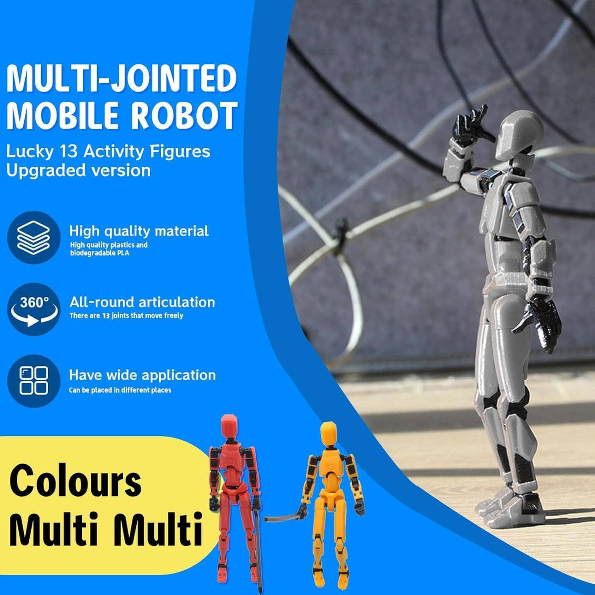 Grey and black articulated robot action figure, standing pose with raised arm