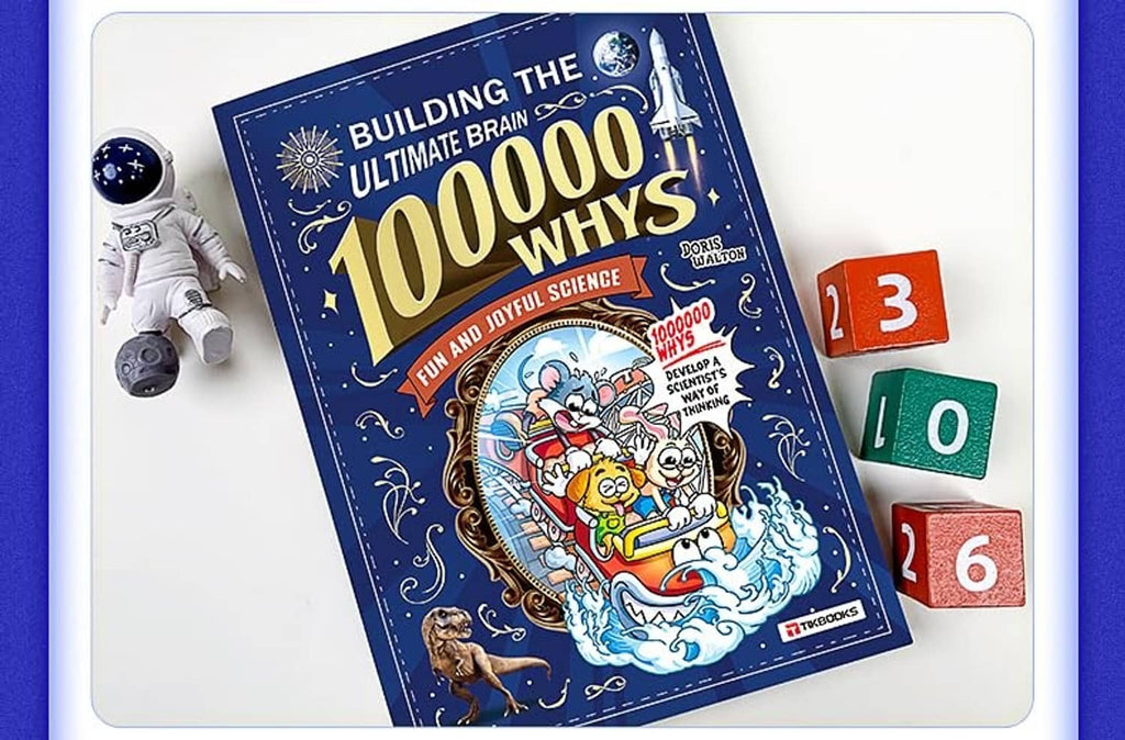 Kids science encyclopedia book, dark blue “100000 Whys” cover with cartoon characters