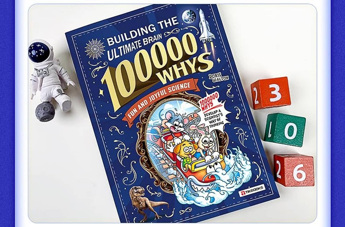 Kids science encyclopedia book, dark blue “100000 Whys” cover with cartoon characters
