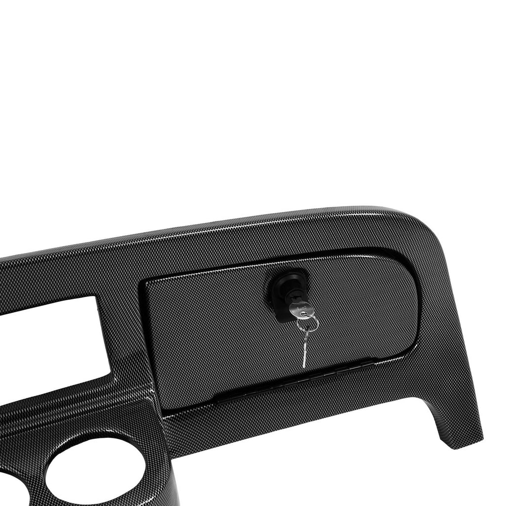 Black dashboard dash cover with key cylinder and textured carbon-fiber style finish