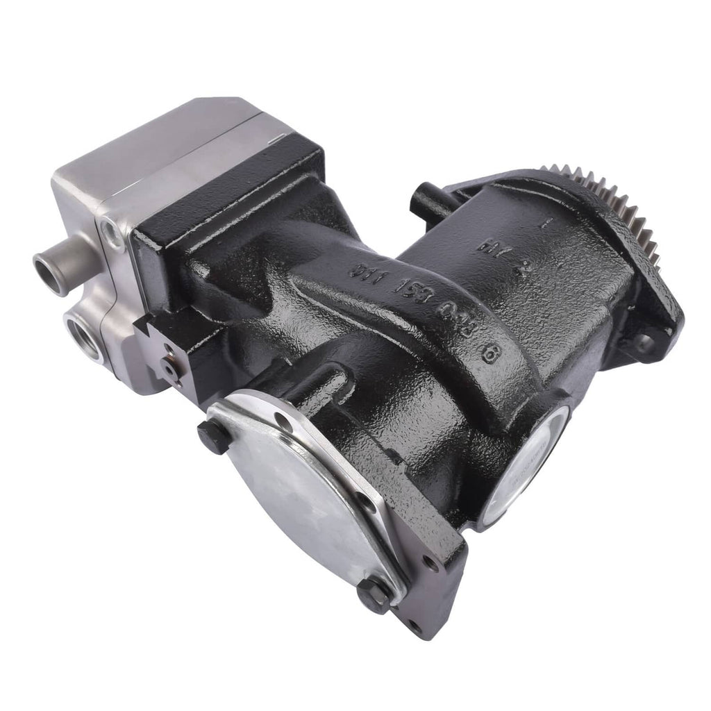 Air compressor with black and silver casing, mounting flange and gear shaft
