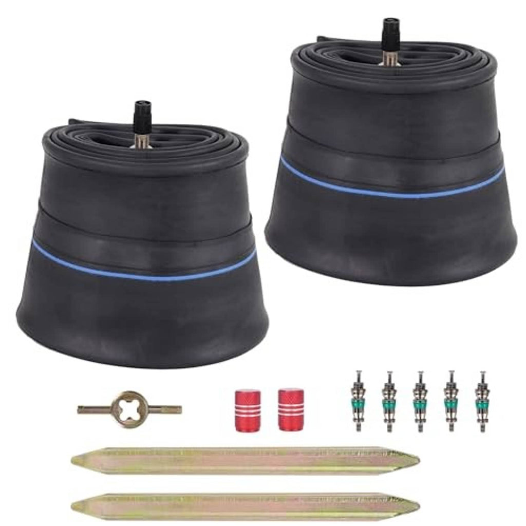 Pair of motorcycle inner tubes with TR4 valves and blue stripe, with accessories and tire levers