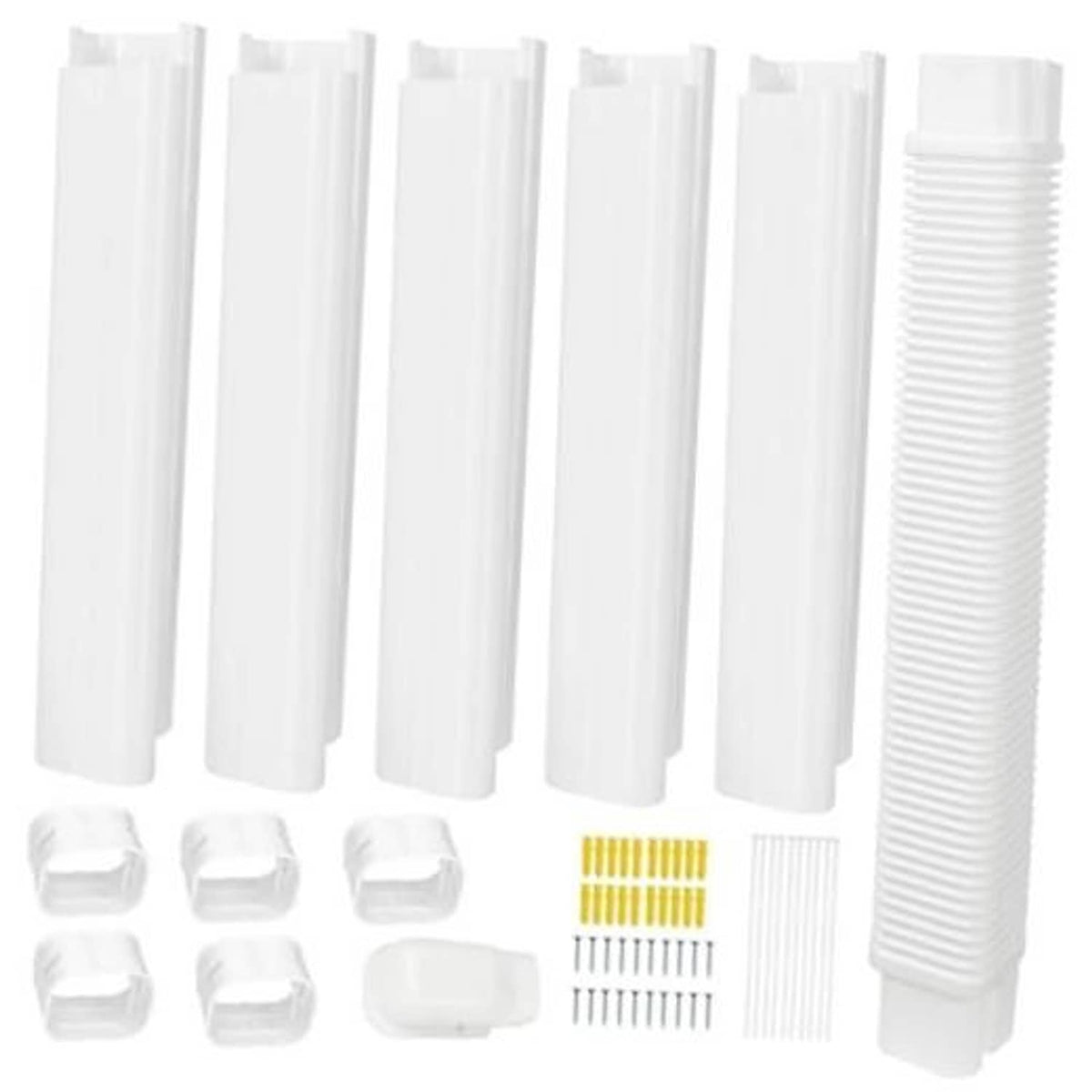White PVC mini split line set cover kit with straight ducts, flexible duct, couplings