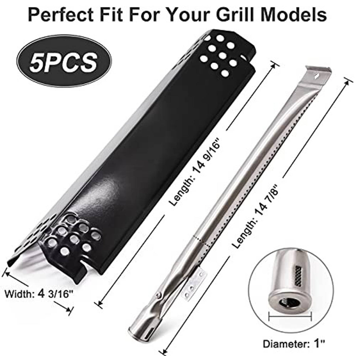 5-piece black porcelain steel burner tubes with stainless brackets, with size measurement