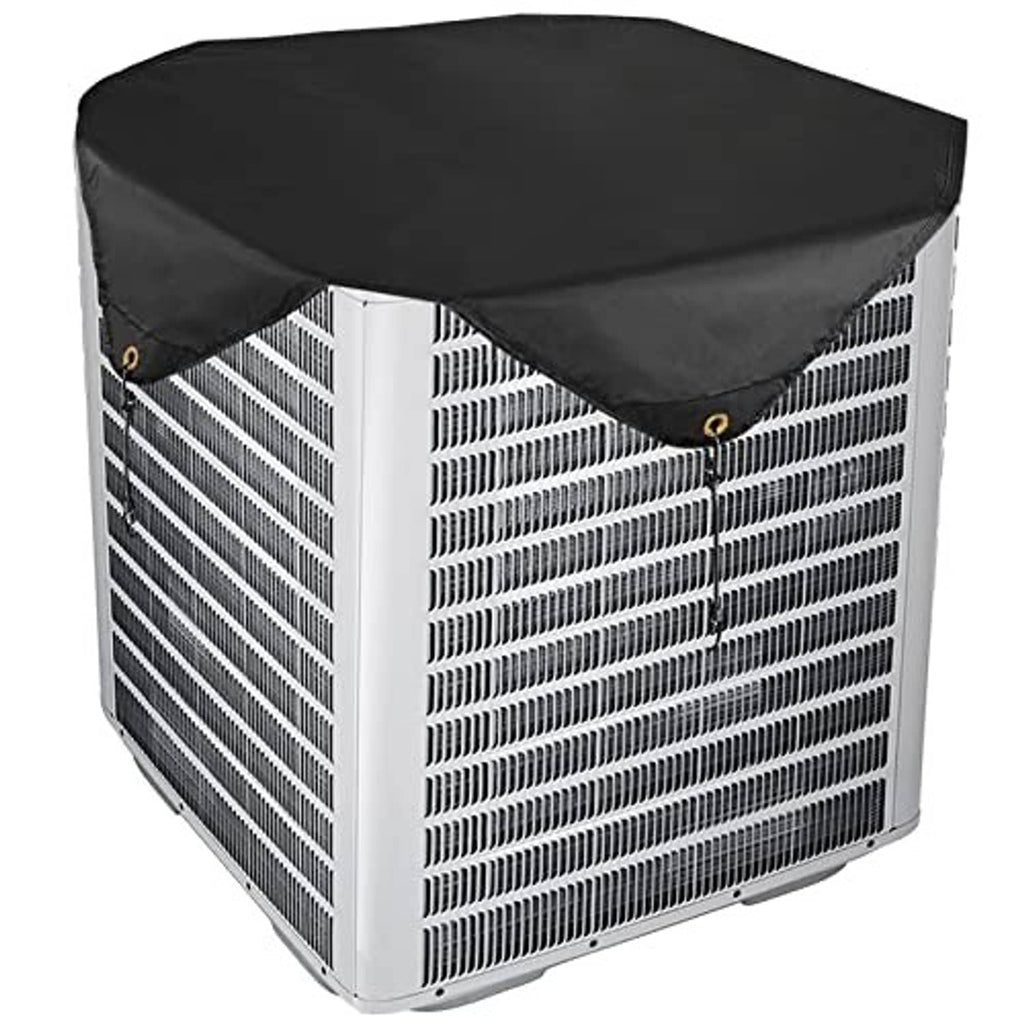 Black fitted outdoor AC cover with corner grommets; condenser vents visible through cutouts