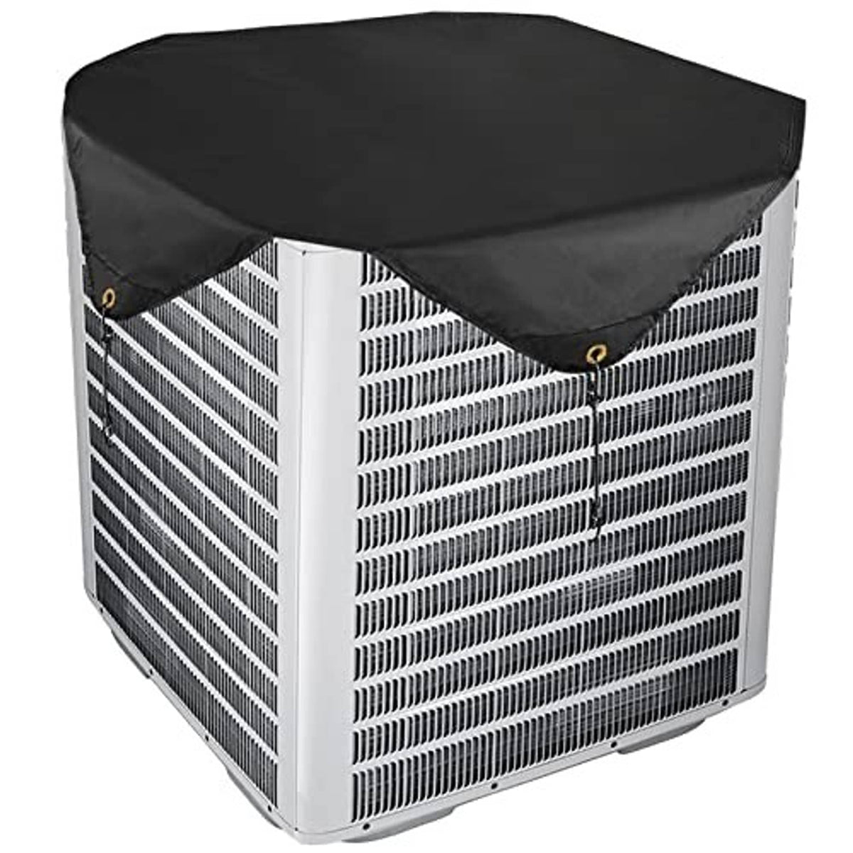 Black fitted outdoor AC cover with corner grommets; condenser vents visible through cutouts