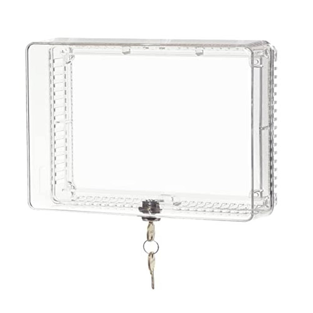 Clear thermostat guard with metal key lock and rectangular frame, transparent cover