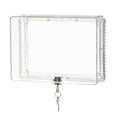 Clear thermostat guard with metal key lock and rectangular frame, transparent cover