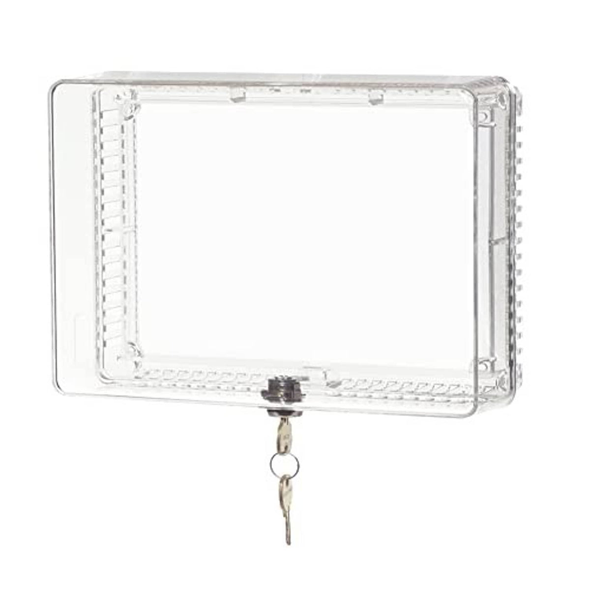 Clear thermostat guard with metal key lock and rectangular frame, transparent cover