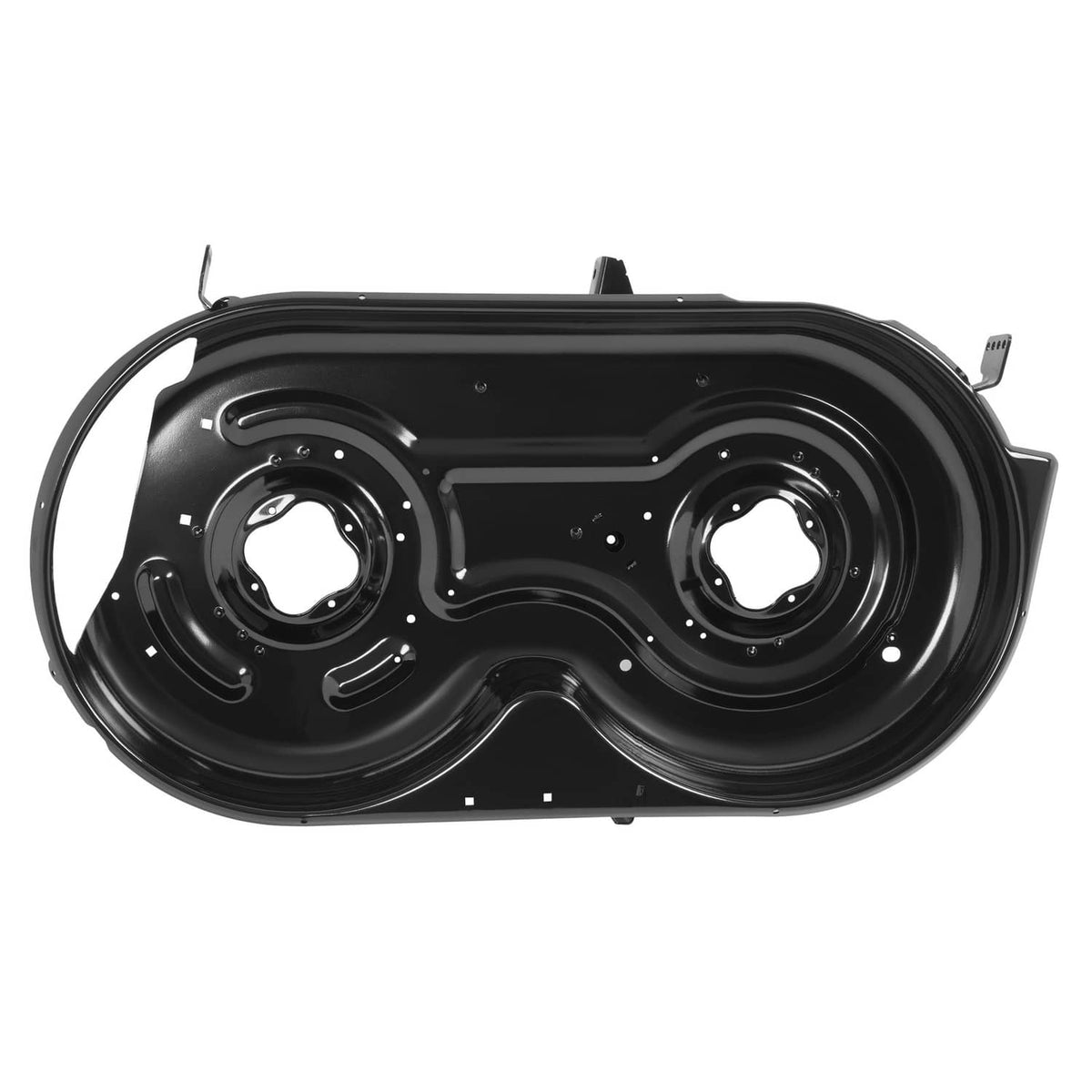 42-inch lawn mower deck pan with two circular blade openings and central reinforcement ribs