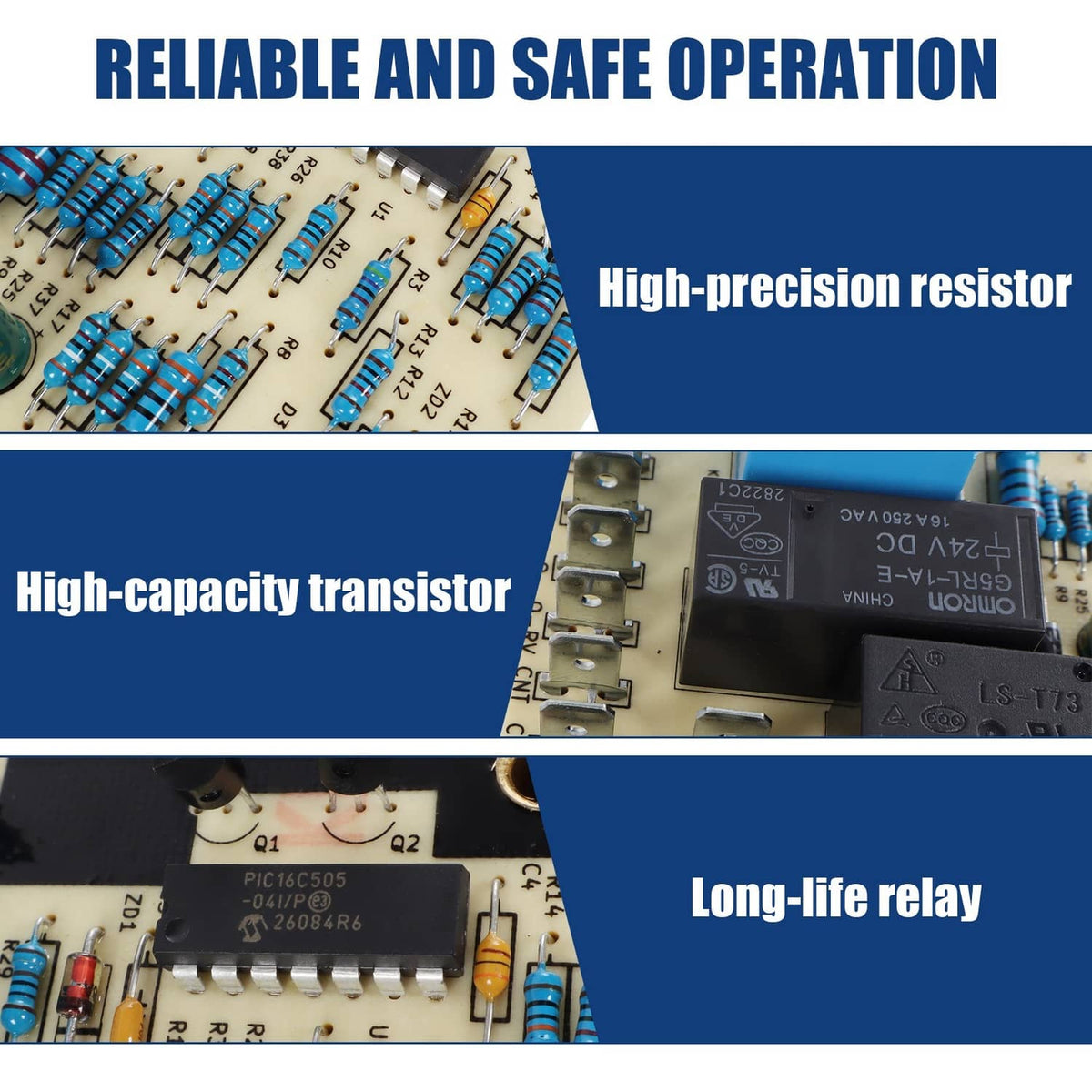 Defrost control board detail showing resistors, transistor, and relay components