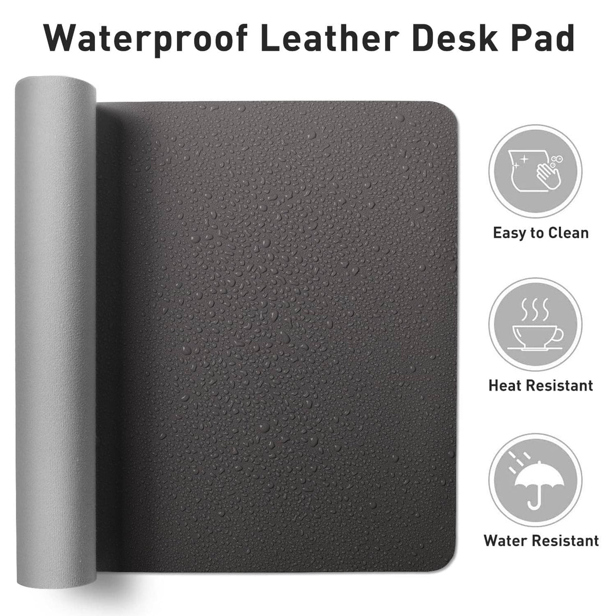 Gray water-resistant desk pad with droplet texture and rolled-up backing