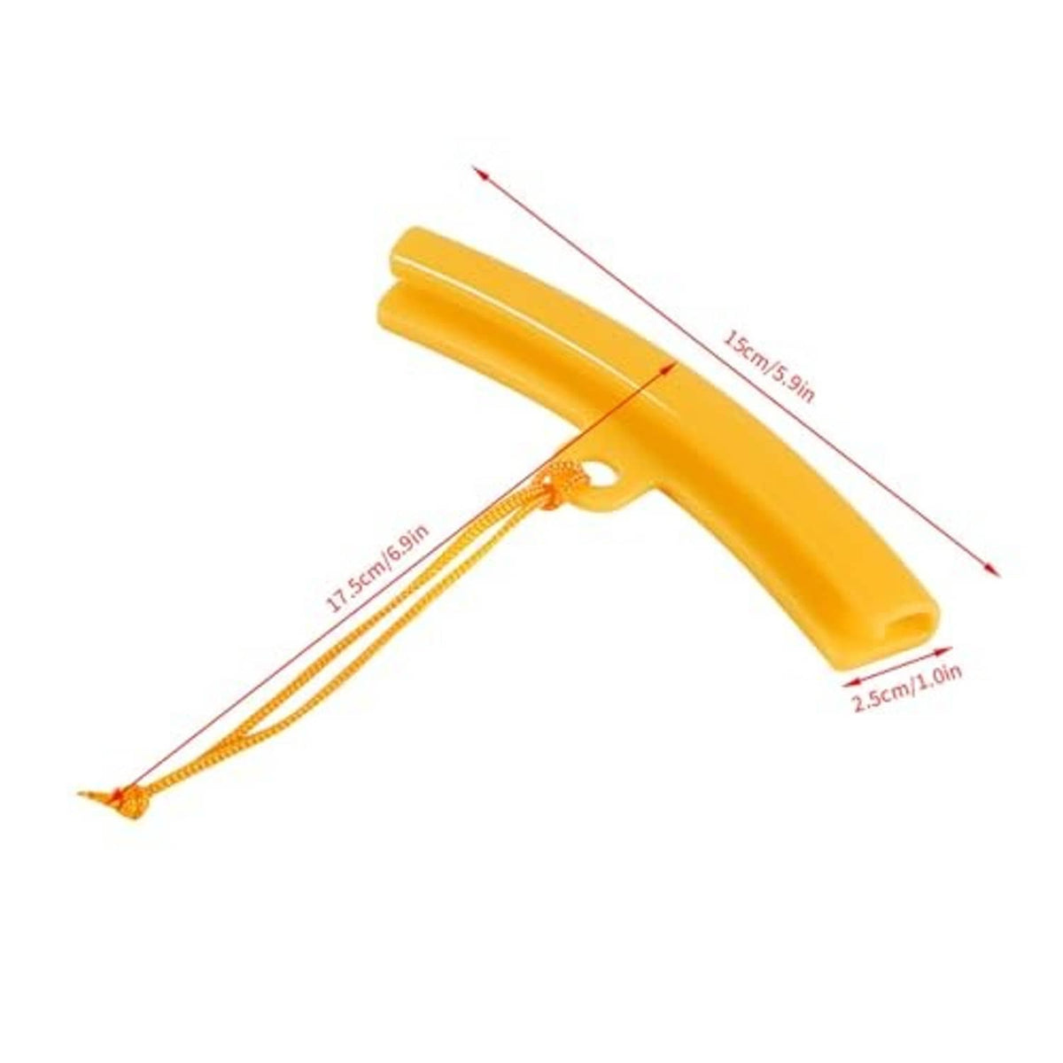 Orange tire rim protector guard with cord lanyard; size markings shown