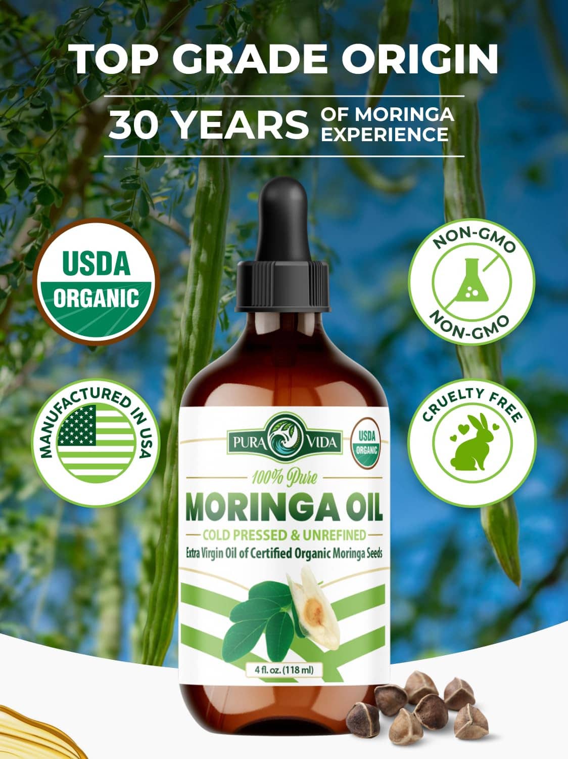 Moringa oil dark amber bottle with black dropper and USDA organic seal graphics